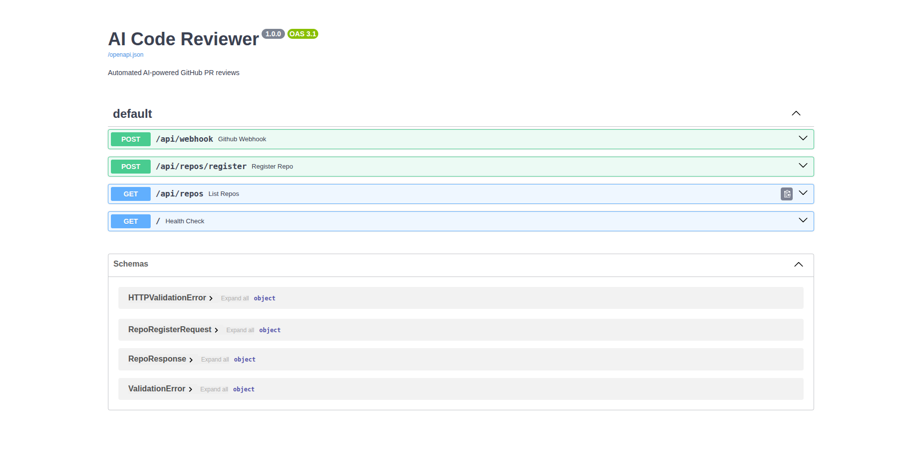 yourdomain/docs showing the webhook and repos endpoints in Swagger UI